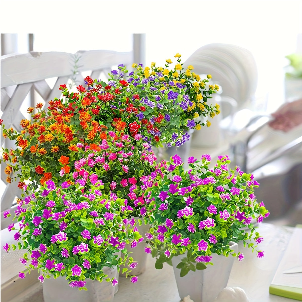 UV resistant artificial vine flowers in 8 bundles, suitable for both indoor and outdoor use in various settings such as homes, offices, weddings, and reunions.