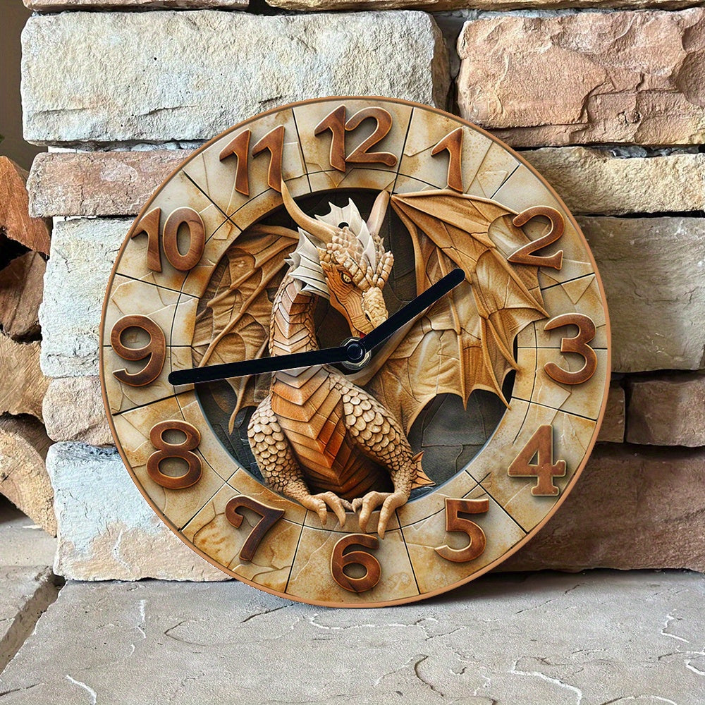 Dragon-themed wall clock, 20.32x20.32 cm, aluminum with 3D effects, golden hands & numbers, ideal for pet lovers & Valentine's gifts, autumn apartment decor.