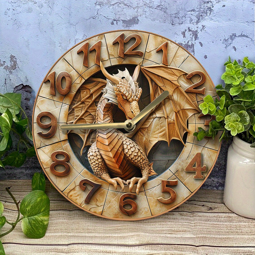 Dragon-themed wall clock, 20.32x20.32 cm, aluminum with 3D effects, golden hands & numbers, ideal for pet lovers & Valentine's gifts, autumn apartment decor.