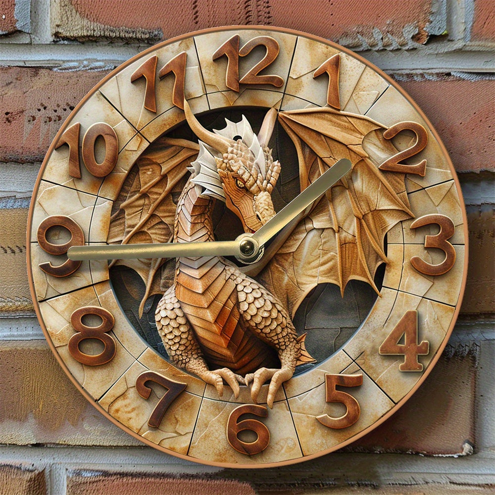 Dragon-themed wall clock, 20.32x20.32 cm, aluminum with 3D effects, golden hands & numbers, ideal for pet lovers & Valentine's gifts, autumn apartment decor.