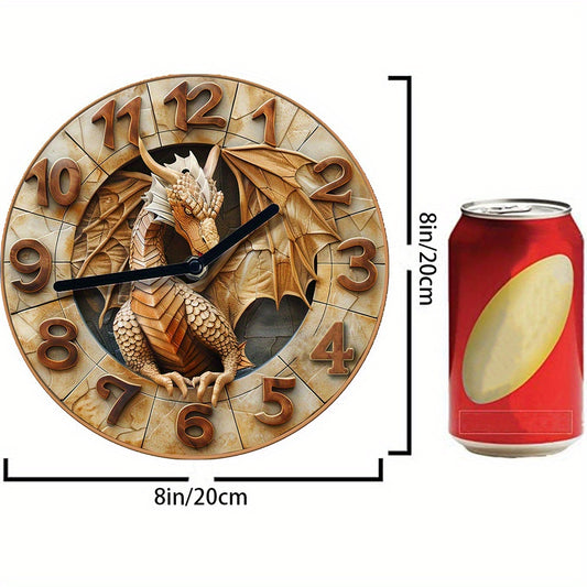 Dragon-themed wall clock, 20.32x20.32 cm, aluminum with 3D effects, golden hands & numbers, ideal for pet lovers & Valentine's gifts, autumn apartment decor.