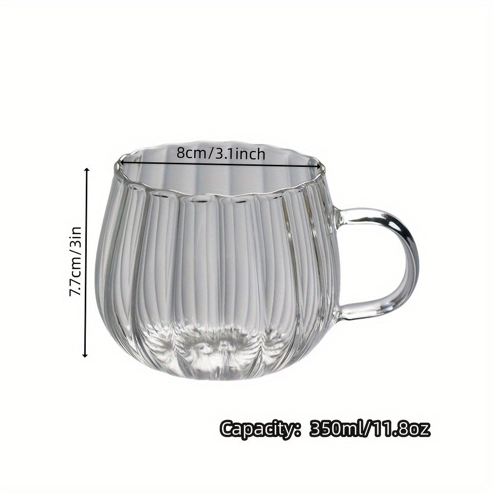 Pumpkin shaped glass cup, 350ml, insulated, hand wash only, suitable for various beverages.