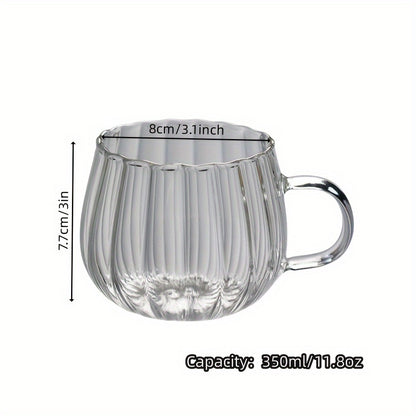 Pumpkin shaped glass cup, 350ml, insulated, hand wash only, suitable for various beverages.