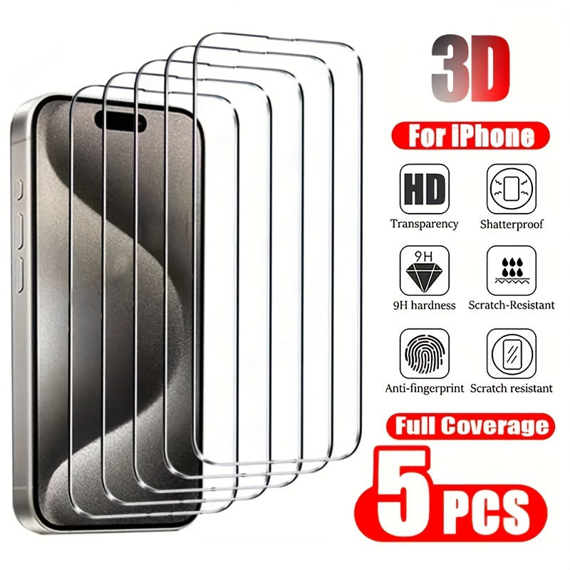 5 3D tempered glass screen protectors for iPhone models 6/7/8/SE/X/XS/XR/11/12/13/14 Pro/Max/Mini. HD clear, full coverage, shatterproof, oil & sweat resistant.