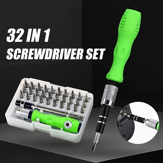 Precision screwdriver set with 32 tools for repairing mobile phones and laptops, includes mini magnetic drill.