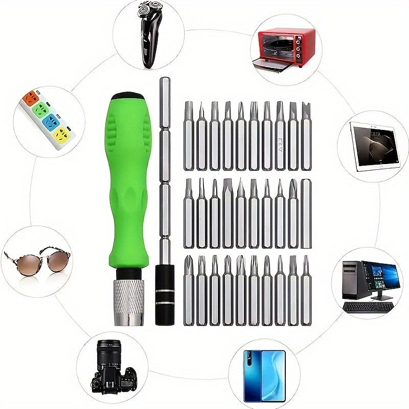 Precision screwdriver set with 32 tools for repairing mobile phones and laptops, includes mini magnetic drill.