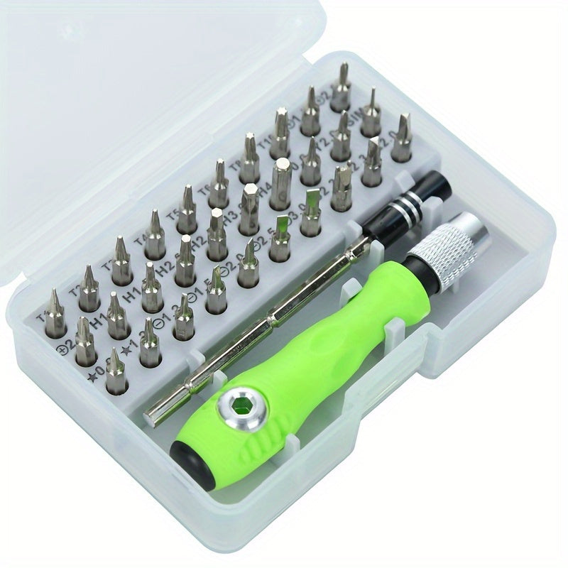 Precision screwdriver set with 32 tools for repairing mobile phones and laptops, includes mini magnetic drill.