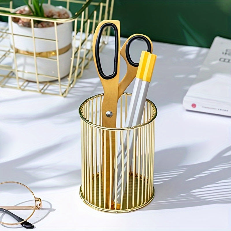 Stylish metal makeup brush holder doubles as a pen and pencil cup.