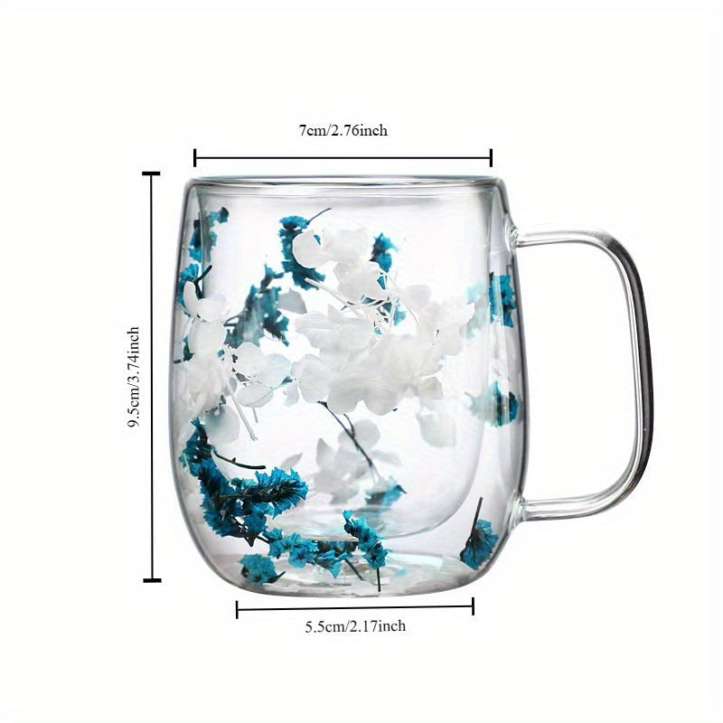 Enjoy your favorite hot or cold beverages in this stylish and durable double-walled glass coffee mug featuring a real flower design. Perfect for use at home or in the office.