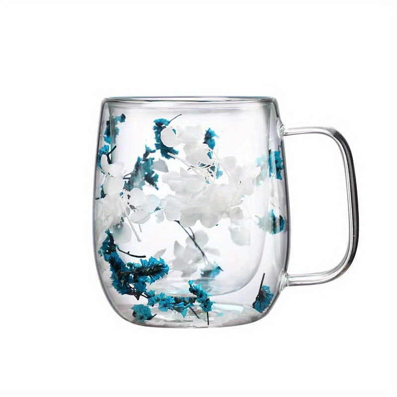 Enjoy your favorite hot or cold beverages in this stylish and durable double-walled glass coffee mug featuring a real flower design. Perfect for use at home or in the office.