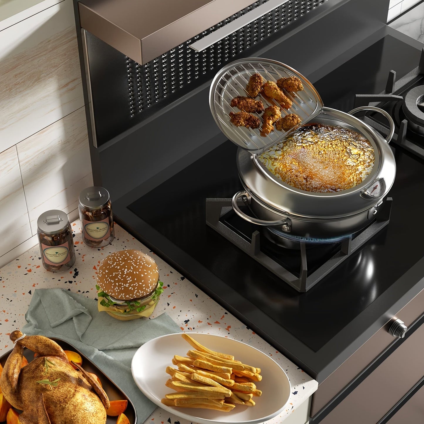 This Stainless Steel Deep Fryer comes with a lid and is ideal for frying French fries and chicken. It is non-electric and suitable for use on both gas and electric stoves. Perfect for both home and restaurant use, especially during autumn.