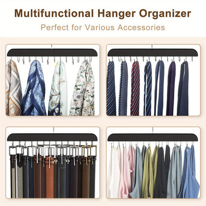 The wooden belt hanger has multiple hooks and can be used for ties, scarves, and more. It is a convenient closet organizer for home and dorm rooms.