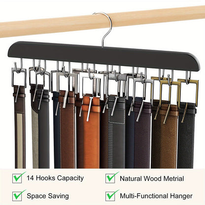 The wooden belt hanger has multiple hooks and can be used for ties, scarves, and more. It is a convenient closet organizer for home and dorm rooms.