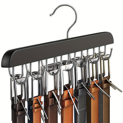 The wooden belt hanger has multiple hooks and can be used for ties, scarves, and more. It is a convenient closet organizer for home and dorm rooms.