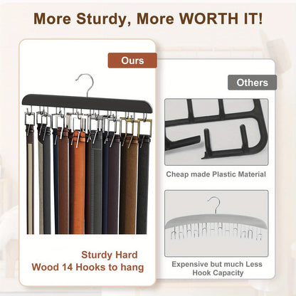 The wooden belt hanger has multiple hooks and can be used for ties, scarves, and more. It is a convenient closet organizer for home and dorm rooms.