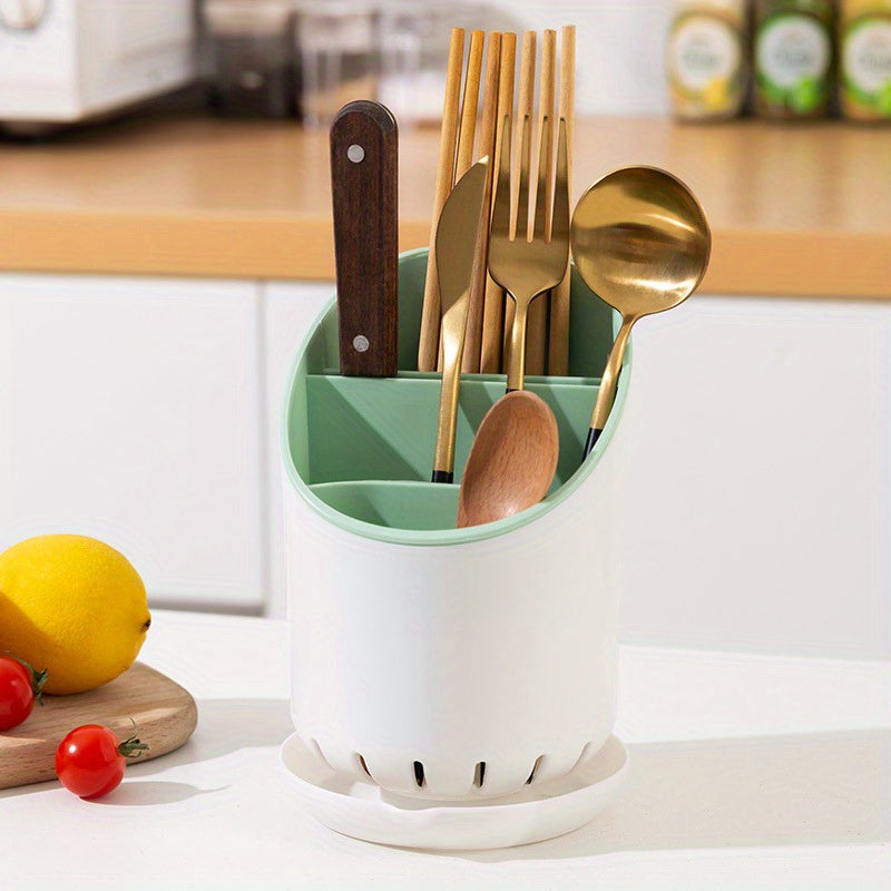 Electricity is not required for this durable plastic utensil holder with a draining tray. It features a dual-layer design and is perfect for organizing kitchen cutlery and utensils in an open-storage style.