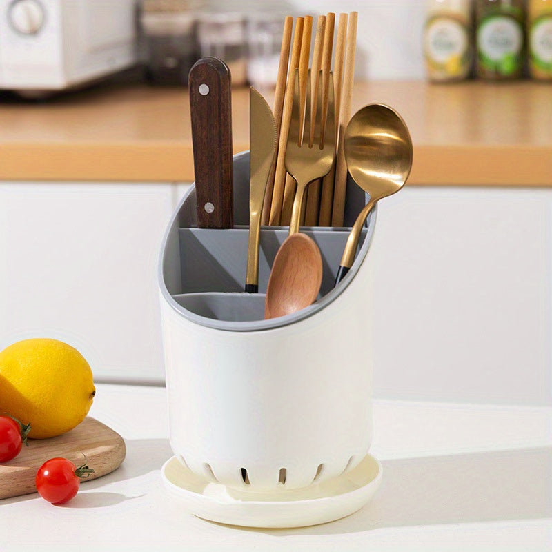 Electricity is not required for this durable plastic utensil holder with a draining tray. It features a dual-layer design and is perfect for organizing kitchen cutlery and utensils in an open-storage style.