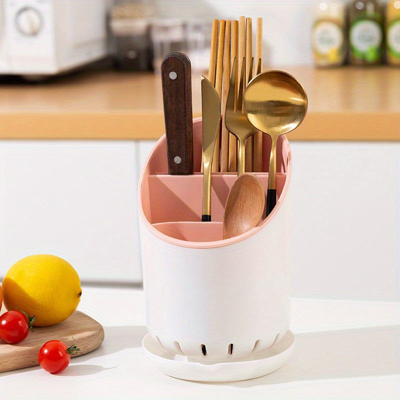 Electricity is not required for this durable plastic utensil holder with a draining tray. It features a dual-layer design and is perfect for organizing kitchen cutlery and utensils in an open-storage style.