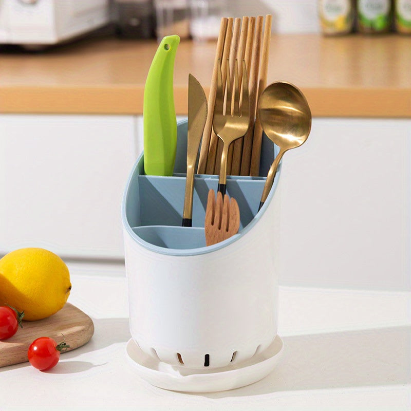 Electricity is not required for this durable plastic utensil holder with a draining tray. It features a dual-layer design and is perfect for organizing kitchen cutlery and utensils in an open-storage style.