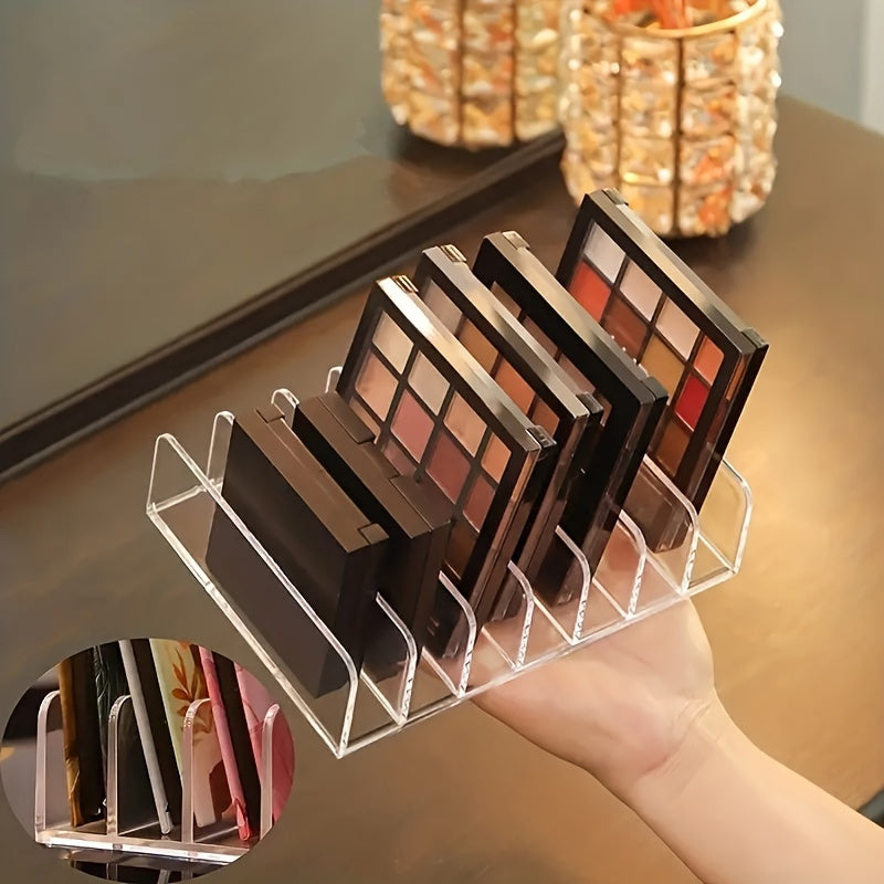 Clear acrylic makeup organizer storage box designed for teen girls aged 12-14. This cosmetic display stand is perfect for organizing eyeshadow, blush, and powder. It can also be used as a desk divider organizer. No electricity or wooden materials