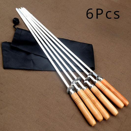 Set of 6 Stainless Steel Barbecue Skewers with Wooden Handles, Includes BBQ Mutton Forks and Cloth Bag for Outdoor Grilling Essentials