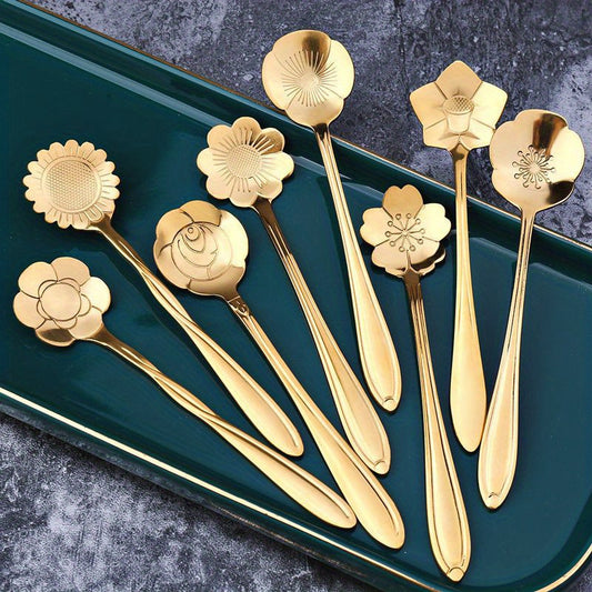 Set of 8 flower-shaped small stainless steel spoons for coffee, tea, and desserts in silver and gold.