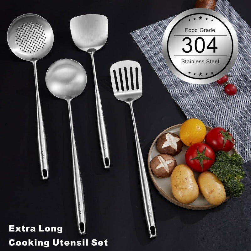 Complete Stainless Steel Kitchen Utensil Set - Durable Cooking Tools with Ladle, Wok Spatula, Fish Spatula, and Slotted Spoon - Ideal for Family Cooking with Large Capacity, Sturdy Rim, and Sleek Edges