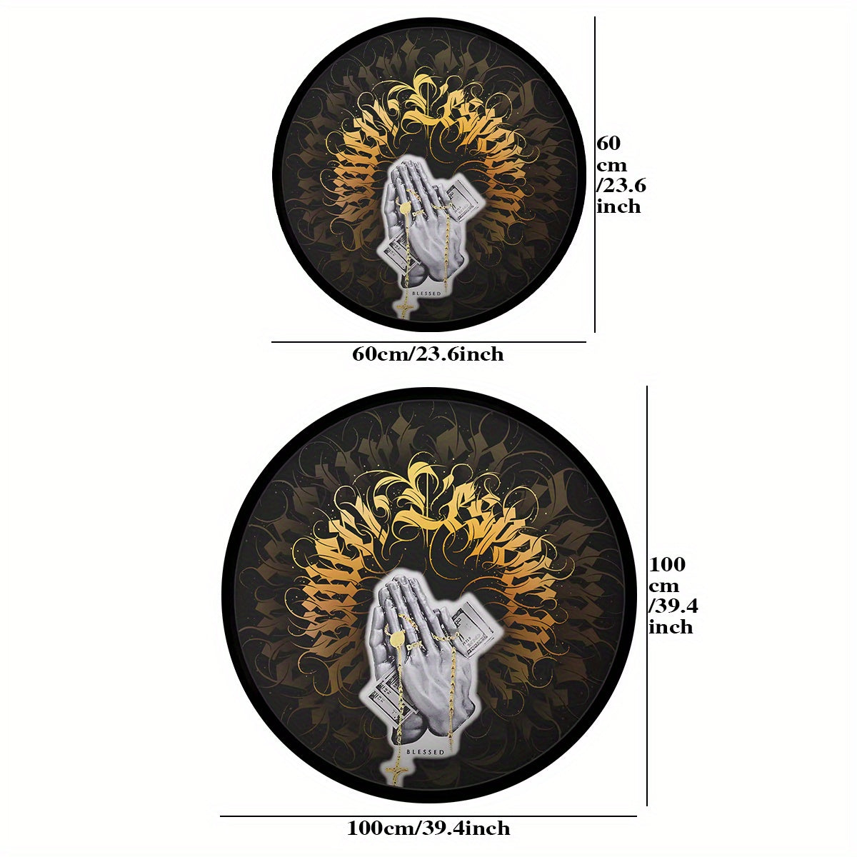 Round rug pad with golden gothic font, made of hand-washable polyester prayer hands, featuring a 6mm thick velvet crystal rug for home decor. This non-slip entryway doormat is perfect for adding a touch of elegance to any space.