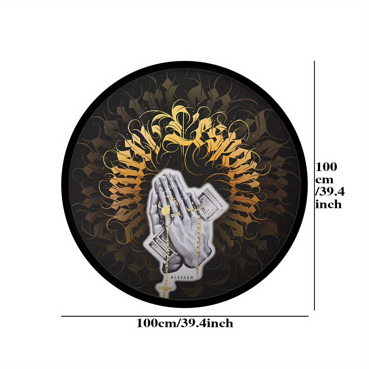 Round rug pad with golden gothic font, made of hand-washable polyester prayer hands, featuring a 6mm thick velvet crystal rug for home decor. This non-slip entryway doormat is perfect for adding a touch of elegance to any space.