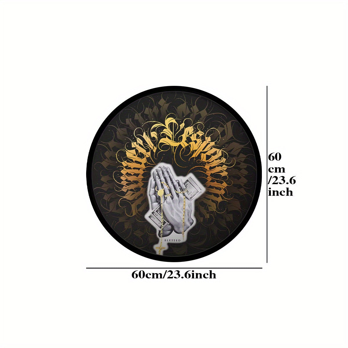 Round rug pad with golden gothic font, made of hand-washable polyester prayer hands, featuring a 6mm thick velvet crystal rug for home decor. This non-slip entryway doormat is perfect for adding a touch of elegance to any space.