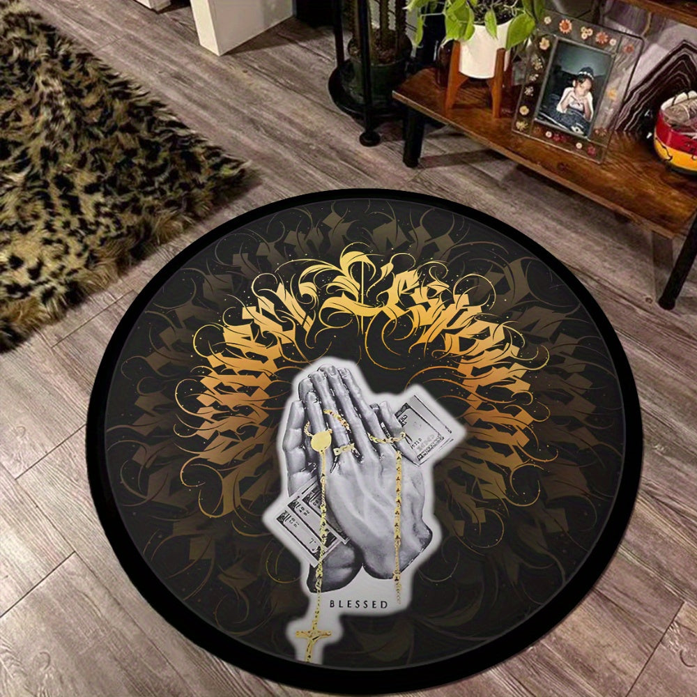 Round rug pad with golden gothic font, made of hand-washable polyester prayer hands, featuring a 6mm thick velvet crystal rug for home decor. This non-slip entryway doormat is perfect for adding a touch of elegance to any space.