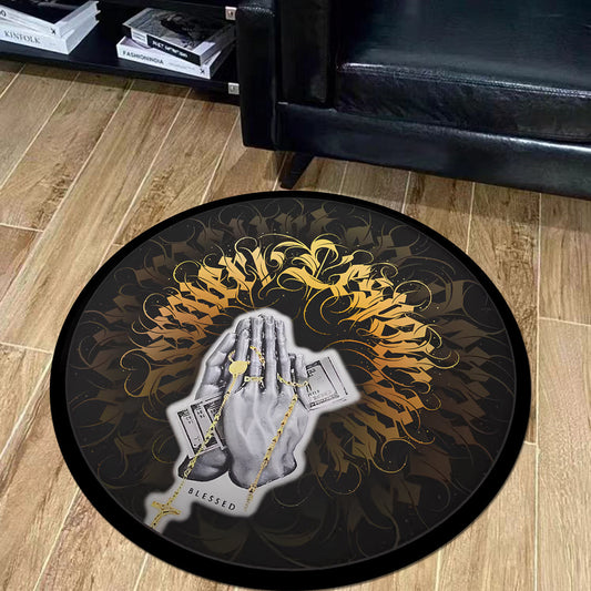 Round rug pad with golden gothic font, made of hand-washable polyester prayer hands, featuring a 6mm thick velvet crystal rug for home decor. This non-slip entryway doormat is perfect for adding a touch of elegance to any space.