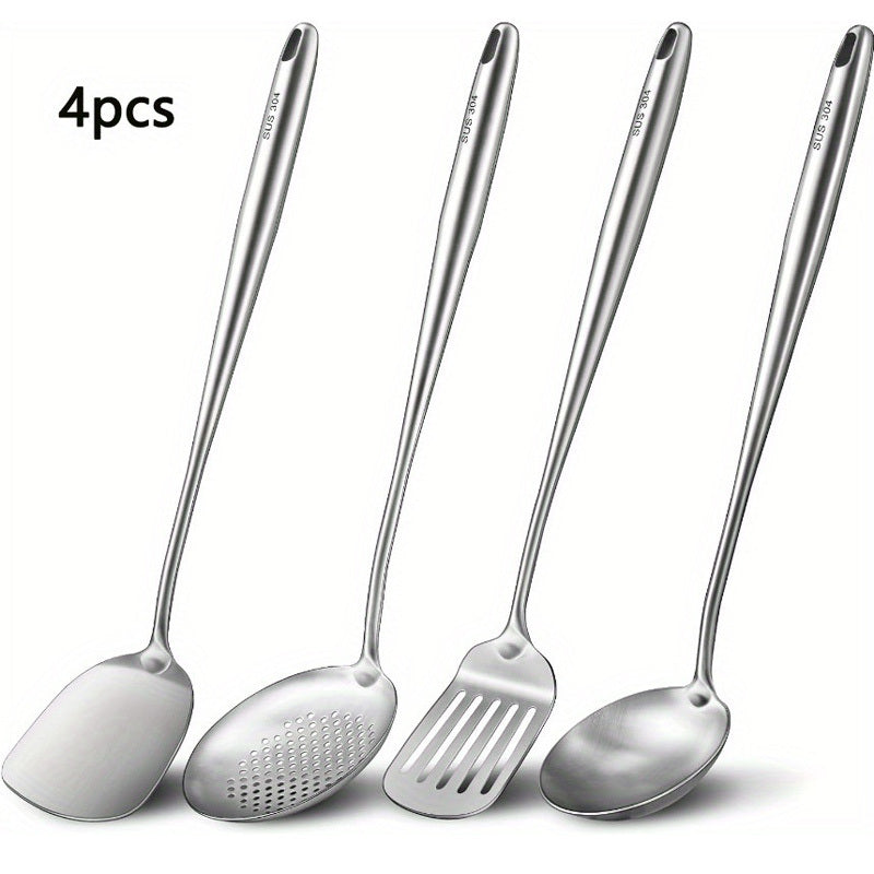 Complete Stainless Steel Kitchen Utensil Set - Durable Cooking Tools with Ladle, Wok Spatula, Fish Spatula, and Slotted Spoon - Ideal for Family Cooking with Large Capacity, Sturdy Rim, and Sleek Edges