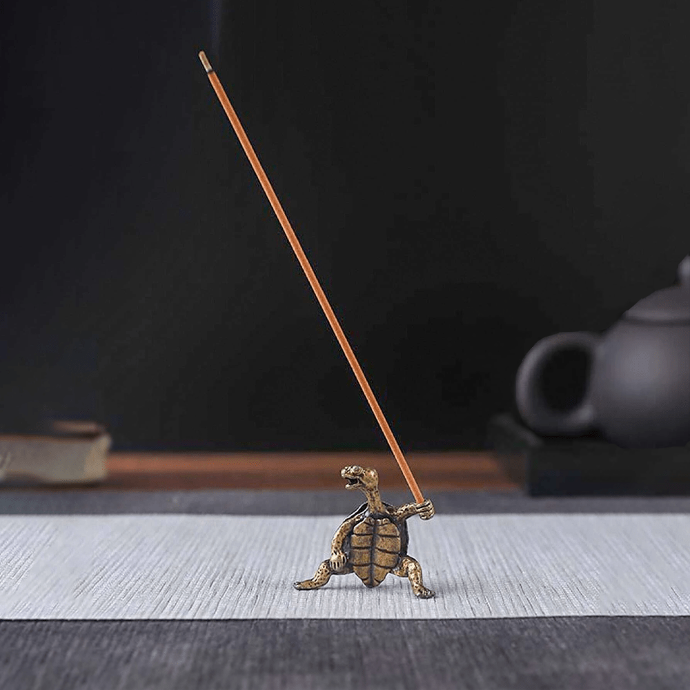 Copper alloy turtle incense stick holder for indoor and outdoor use, decorative collectible figurine without electricity.