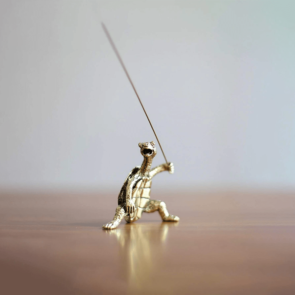 Copper alloy turtle incense stick holder for indoor and outdoor use, decorative collectible figurine without electricity.