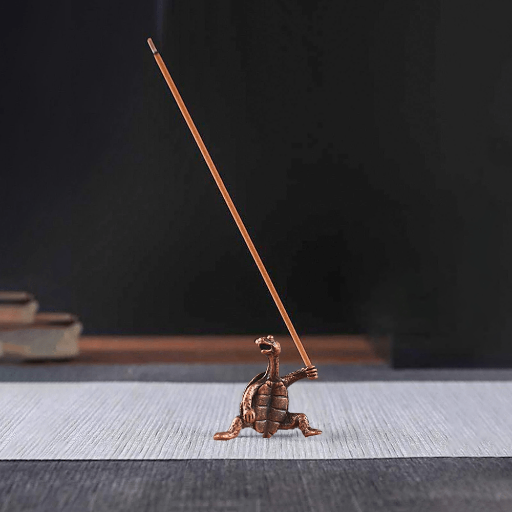 Copper alloy turtle incense stick holder for indoor and outdoor use, decorative collectible figurine without electricity.