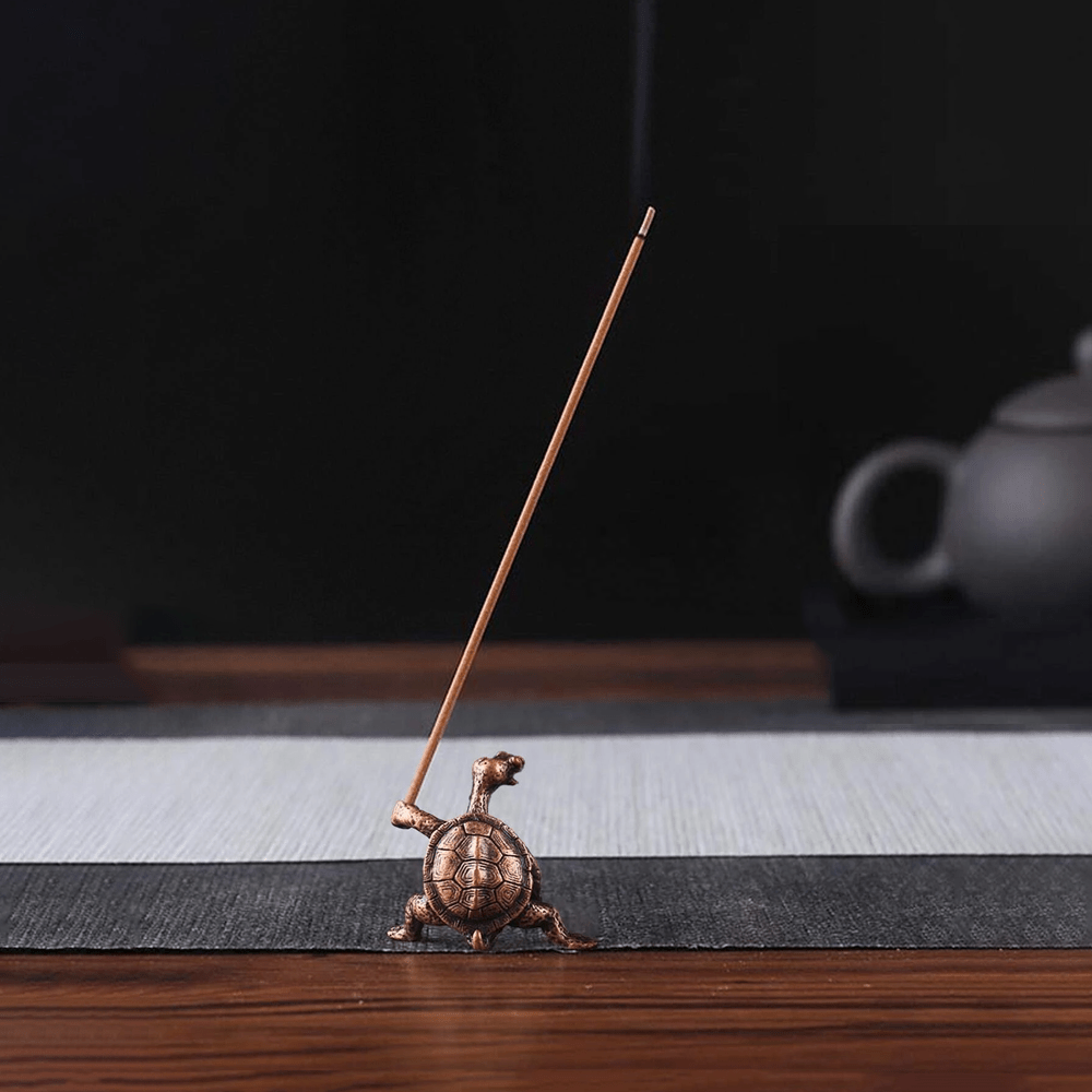 Copper alloy turtle incense stick holder for indoor and outdoor use, decorative collectible figurine without electricity.