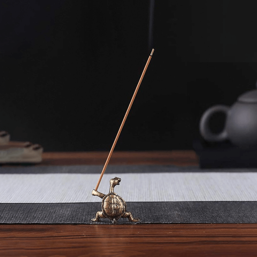 Copper alloy turtle incense stick holder for indoor and outdoor use, decorative collectible figurine without electricity.