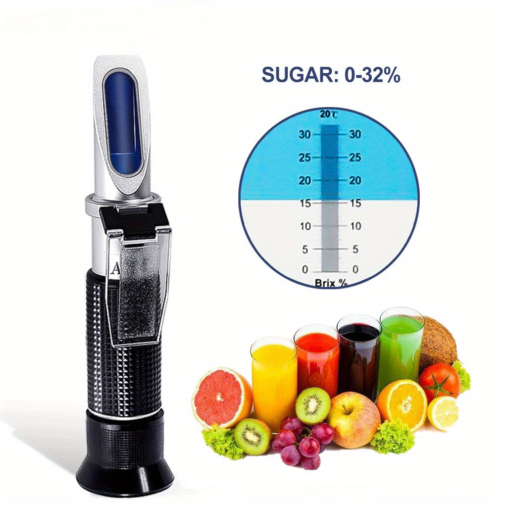 Handheld refractometer for fruits & vegetables with 0-32% Brix sugar level, auto temperature compensation, copper plated and optical glass lens.