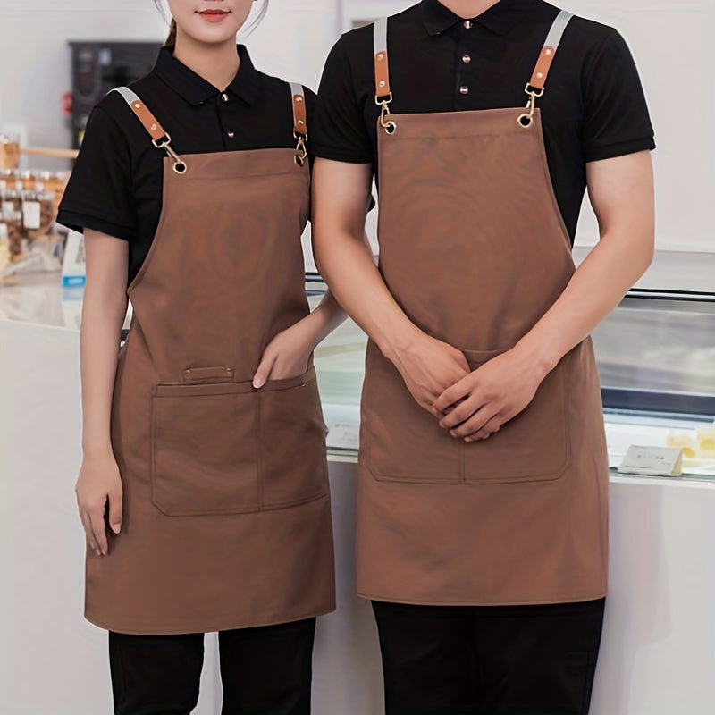 Stay stylish and protected with this chic waterproof canvas apron. Perfect for coffee bars, restaurants, and flower shops, this apron features pockets for convenience. Available in beige, black, or brown with golden-toned buckles, this waist overall is