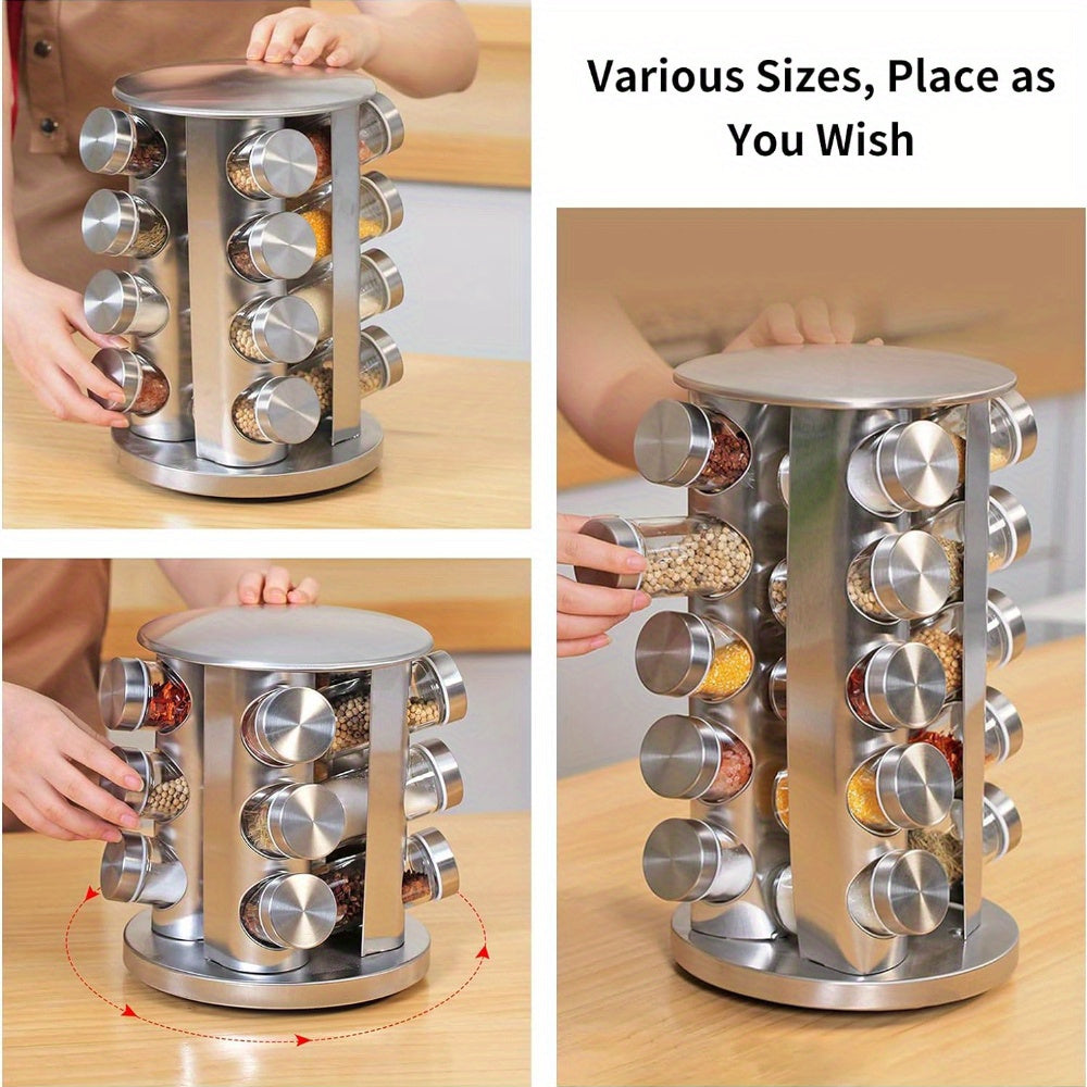 Rotating Spice Rack Organizer: 12/16/20 Jars for Seasonings, Stainless Steel, Perfect for Cabinets and Kitchen Countertops, Includes Reusable Labels and Funnel