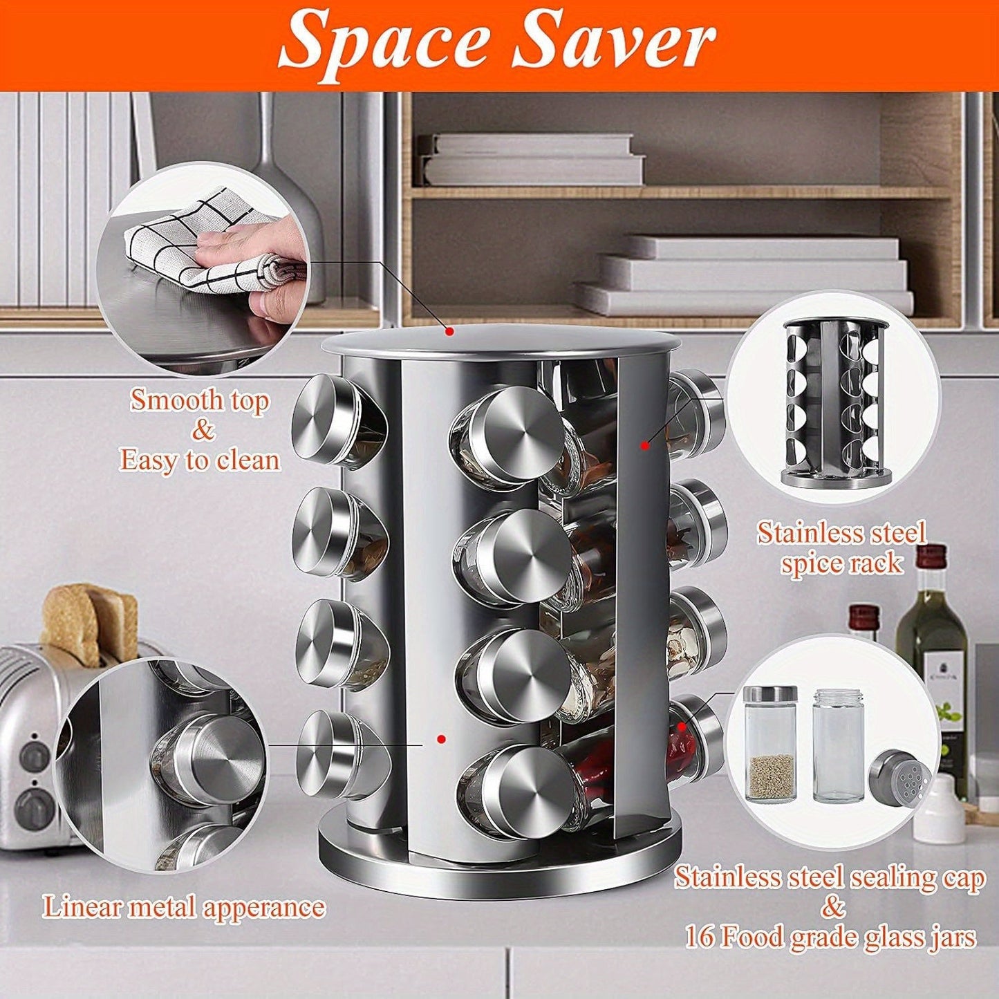 Rotating Spice Rack Organizer: 12/16/20 Jars for Seasonings, Stainless Steel, Perfect for Cabinets and Kitchen Countertops, Includes Reusable Labels and Funnel