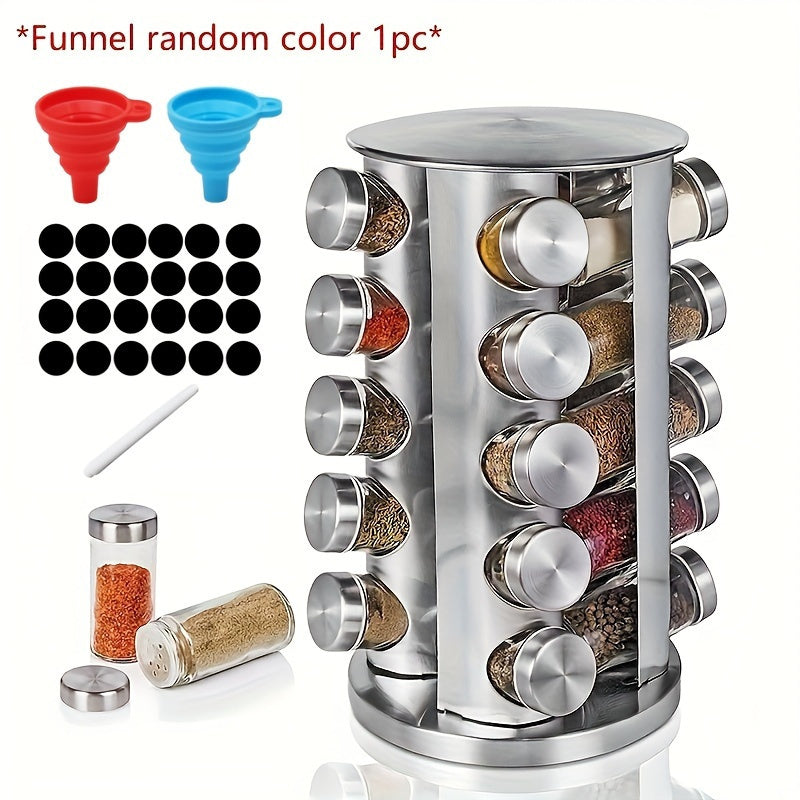 Rotating Spice Rack Organizer: 12/16/20 Jars for Seasonings, Stainless Steel, Perfect for Cabinets and Kitchen Countertops, Includes Reusable Labels and Funnel