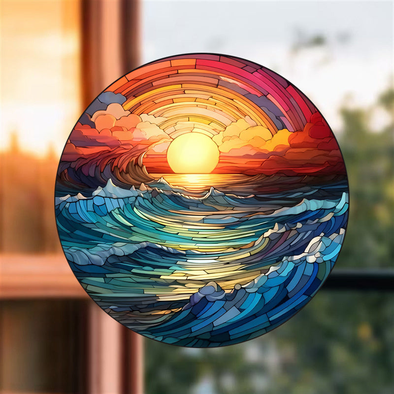 Circular Classic Ocean Sunset & Sunrise Vinyl Window Decal - 1 Static Cling Decorative Glass Film, Reusable with Glossy Finish, 2 mil Thickness, No Adhesive Needed, Artistic Wave Pattern Inspired by the Sea