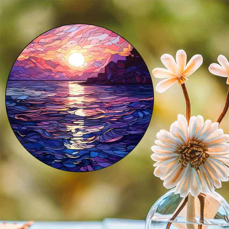 Circular Classic Ocean Sunset & Sunrise Vinyl Window Decal - 1 Static Cling Decorative Glass Film, Reusable with Glossy Finish, 2 mil Thickness, No Adhesive Needed, Artistic Wave Pattern Inspired by the Sea