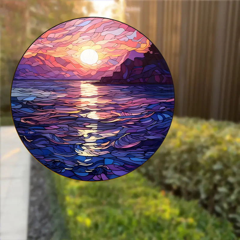 Circular Classic Ocean Sunset & Sunrise Vinyl Window Decal - 1 Static Cling Decorative Glass Film, Reusable with Glossy Finish, 2 mil Thickness, No Adhesive Needed, Artistic Wave Pattern Inspired by the Sea