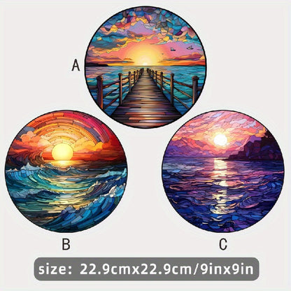 Circular Classic Ocean Sunset & Sunrise Vinyl Window Decal - 1 Static Cling Decorative Glass Film, Reusable with Glossy Finish, 2 mil Thickness, No Adhesive Needed, Artistic Wave Pattern Inspired by the Sea