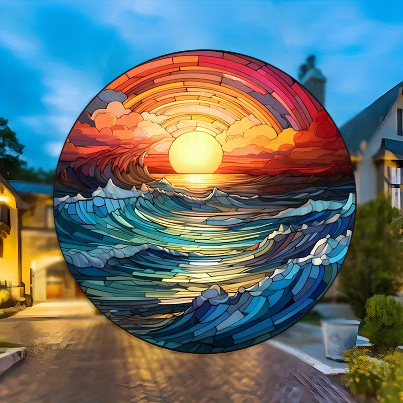 Circular Classic Ocean Sunset & Sunrise Vinyl Window Decal - 1 Static Cling Decorative Glass Film, Reusable with Glossy Finish, 2 mil Thickness, No Adhesive Needed, Artistic Wave Pattern Inspired by the Sea