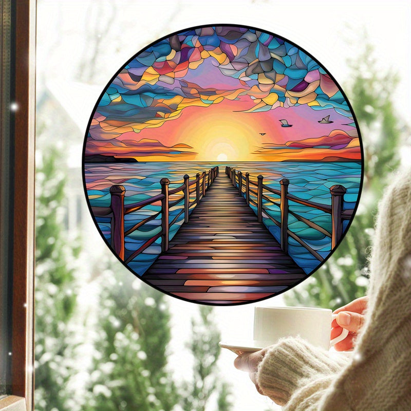 Circular Classic Ocean Sunset & Sunrise Vinyl Window Decal - 1 Static Cling Decorative Glass Film, Reusable with Glossy Finish, 2 mil Thickness, No Adhesive Needed, Artistic Wave Pattern Inspired by the Sea