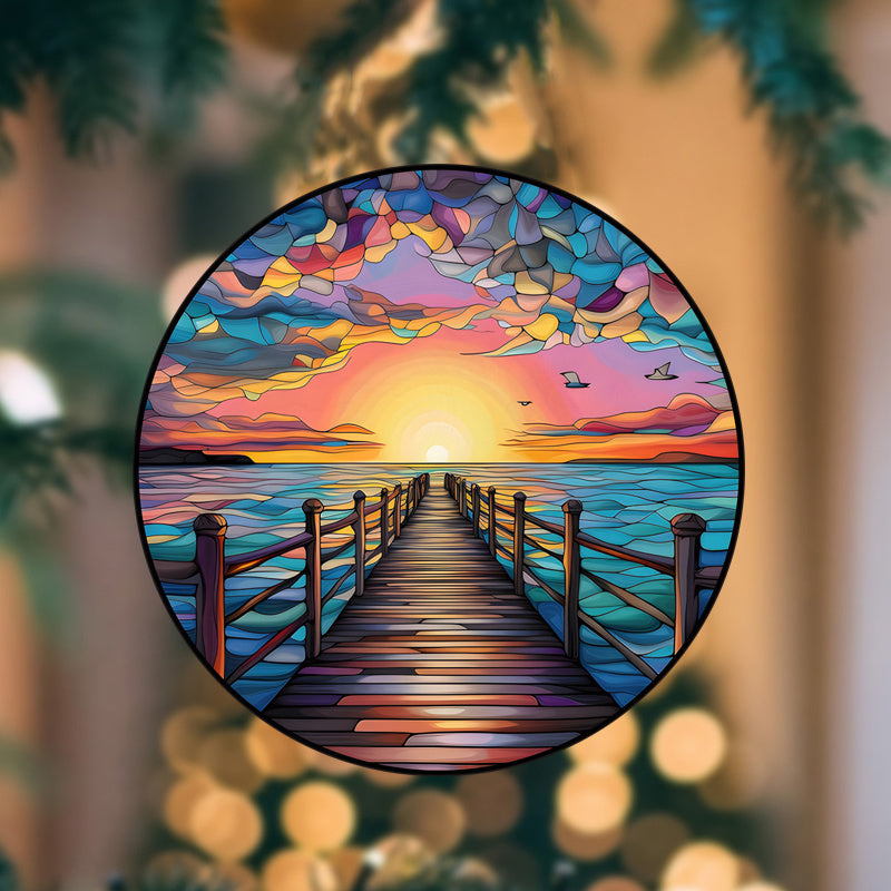 Circular Classic Ocean Sunset & Sunrise Vinyl Window Decal - 1 Static Cling Decorative Glass Film, Reusable with Glossy Finish, 2 mil Thickness, No Adhesive Needed, Artistic Wave Pattern Inspired by the Sea